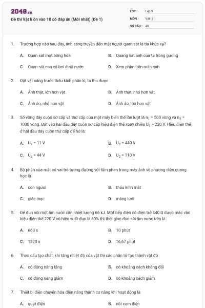 Đề thi Vật lí ôn vào 10 có đáp án (Mới nhất) (Đề 1)