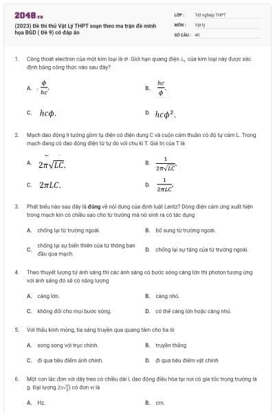 (2023) Đề thi thử Vật Lý THPT soạn theo ma trận đề minh họa BGD ( Đề 9) có đáp án
