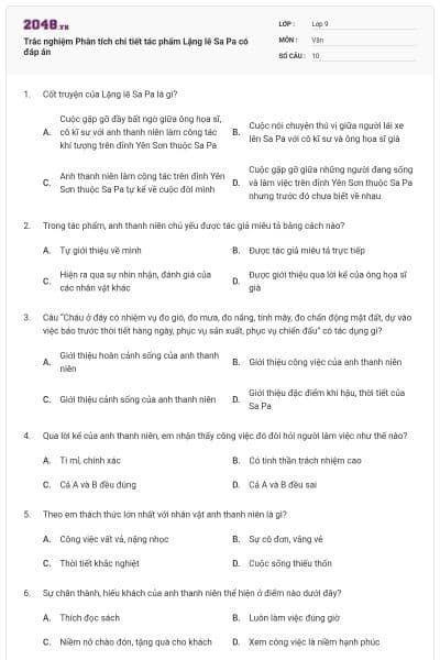 Trắc nghiệm Phân tích chi tiết tác phẩm Lặng lẽ Sa Pa có đáp án