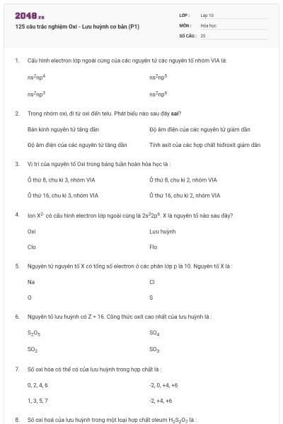 125 câu trắc nghiệm Oxi - Lưu huỳnh cơ bản (P1)