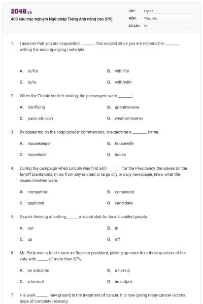 400 câu trắc nghiệm Ngữ pháp Tiếng Anh nâng cao (P9)