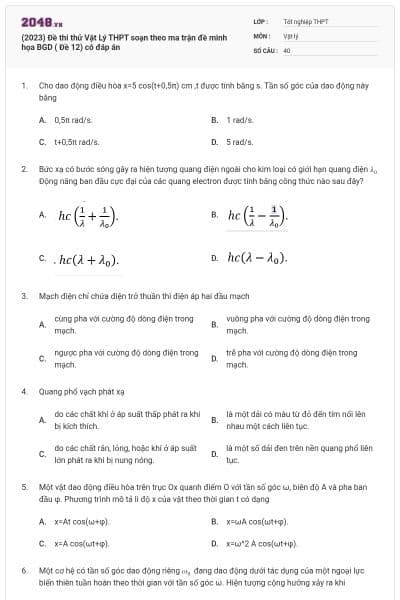 (2023) Đề thi thử Vật Lý THPT soạn theo ma trận đề minh họa BGD ( Đề 12) có đáp án