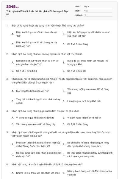 Trắc nghiệm Phân tích chi tiết tác phẩm Cố hương có đáp án