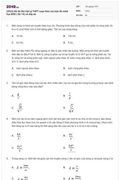 (2023) Đề thi thử Vật Lý THPT soạn theo ma trận đề minh họa BGD ( Đề 14) có đáp án
