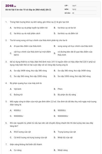 Đề thi Vật lí ôn vào 10 có đáp án (Mới nhất) (Đề 2)