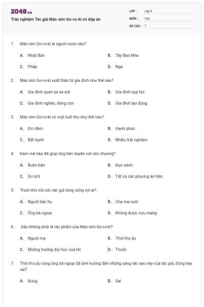 Trắc nghiệm Tác giả Mác-xim Go-rơ-ki có đáp án