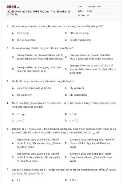 (2023) Đề thi thử Vật Lí THPT Phú Dực - Thái Bình (Lần 1) có đáp án