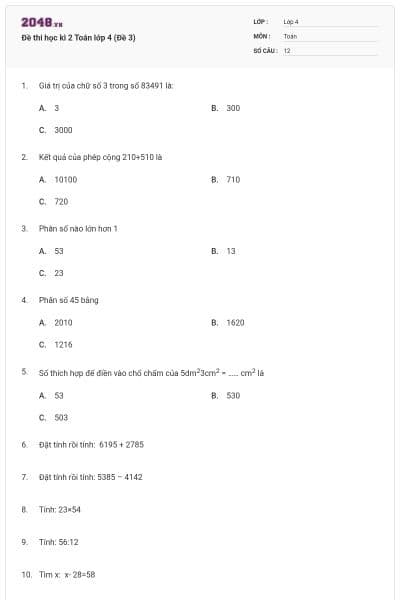 Đề thi học kì 2 Toán lớp 4 (Đề 3)