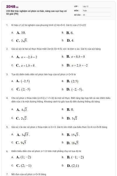 233 Bài trắc nghiệm số phức cơ bản, nâng cao cực hay có lời giải (P8)