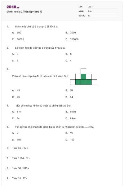 Đề thi học kì 2 Toán lớp 4 (Đề 4)