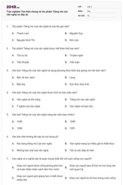Trắc nghiệm Tìm hiểu chung về tác phẩm Tiếng nói của văn nghệ có đáp án