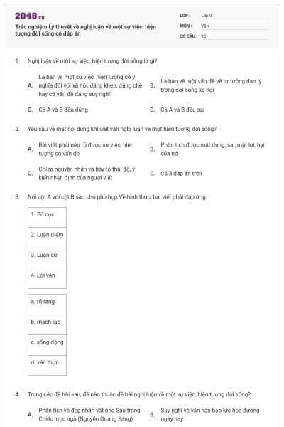 Trắc nghiệm Lý thuyết về nghị luận về một sự việc, hiện tượng đời sống có đáp án