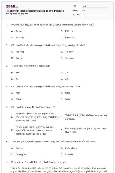 Trắc nghiệm Tìm hiểu chung về chuẩn bị hành trang vào thế kỷ mới có đáp án