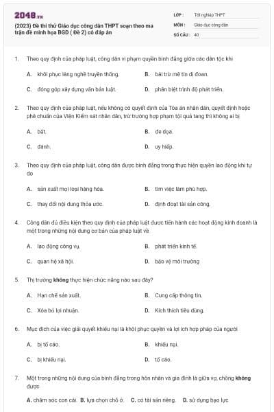(2023) Đề thi thử Giáo dục công dân THPT soạn theo ma trận đề minh họa BGD ( Đề 2) có đáp án