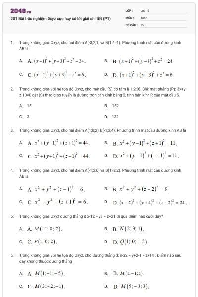 201 Bài trắc nghiệm Oxyz cực hay có lời giải chi tiết (P1)