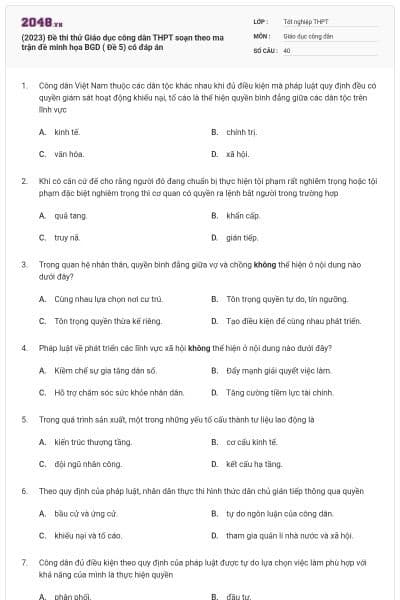 (2023) Đề thi thử Giáo dục công dân THPT soạn theo ma trận đề minh họa BGD ( Đề 5) có đáp án