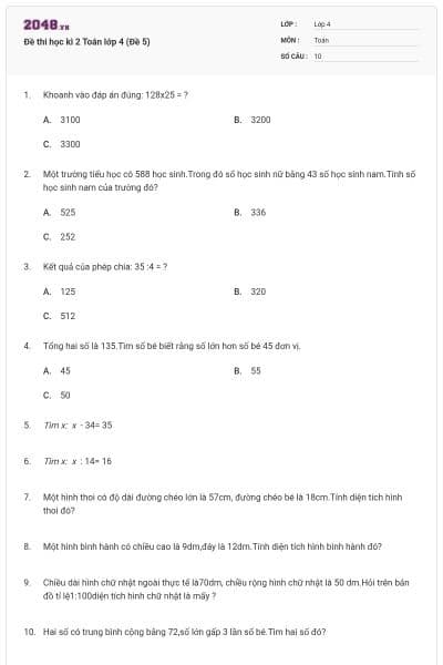 Đề thi học kì 2 Toán lớp 4 (Đề 5)