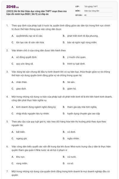 (2023) Đề thi thử Giáo dục công dân THPT soạn theo ma trận đề minh họa BGD ( Đề 9) có đáp án