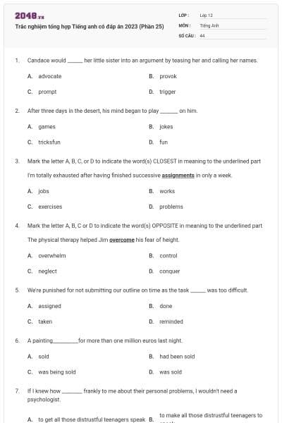 Trắc nghiệm tổng hợp Tiếng anh có đáp án 2023 (Phần 25)