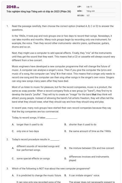 Trắc nghiệm tổng hợp Tiếng anh có đáp án 2023 (Phần 26)