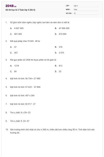 Đề thi học kì 2 Toán lớp 4 (Đề 6)