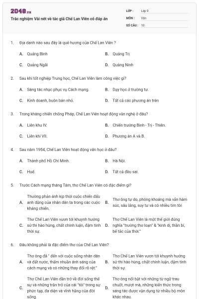 Trắc nghiệm Vài nét về tác giả Chế Lan Viên có đáp án