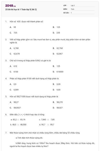 25 Đề thi học kì 1 Toán lớp 5( Đề 2)