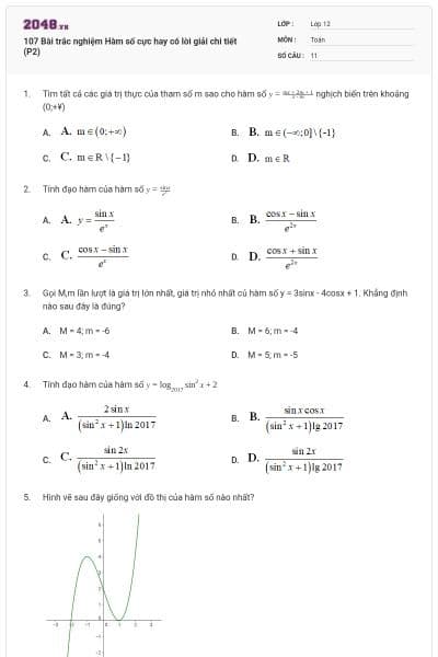107 Bài trắc nghiệm Hàm số cực hay có lời giải chi tiết (P2)
