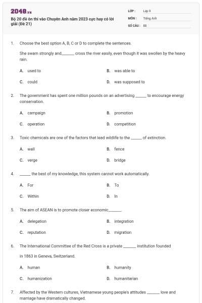 Bộ 20 đề ôn thi vào Chuyên Anh năm 2023 cực hay có lời giải (Đề 21)