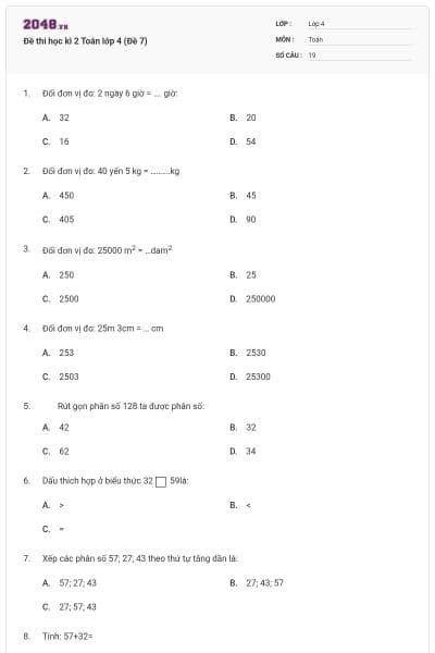 Đề thi học kì 2 Toán lớp 4 (Đề 7)