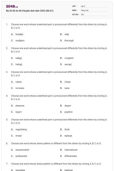 Bộ 20 đề ôn thi Chuyên Anh năm 2023 (Đề 61)