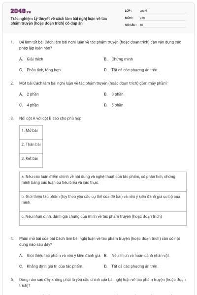 Trắc nghiệm Lý thuyết về cách làm bài nghị luận về tác phẩm truyện (hoặc đoạn trích) có đáp án
