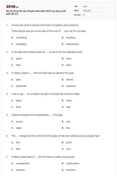 Bộ 20 đề ôn thi vào Chuyên Anh năm 2023 cực hay có lời giải (Đề 27)