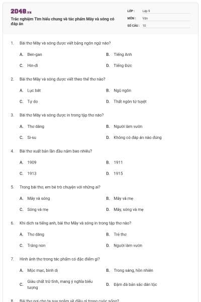 Trắc nghiệm Tìm hiểu chung về tác phẩm Mây và sóng có đáp án