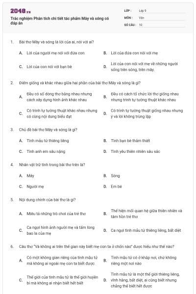 Trắc nghiệm Phân tích chi tiết tác phẩm Mây và sóng có đáp án