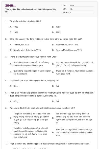 Trắc nghiệm Tìm hiểu chung về tác phẩm Bến quê có đáp án