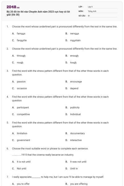 Bộ 20 đề ôn thi vào Chuyên Anh năm 2023 cực hay có lời giải (Đề 38)