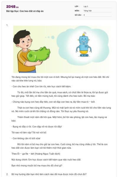 Bài tập Đọc: Con heo đất có đáp án