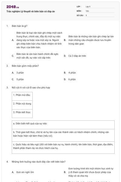 Trắc nghiệm Lý thuyết về biên bản có đáp án