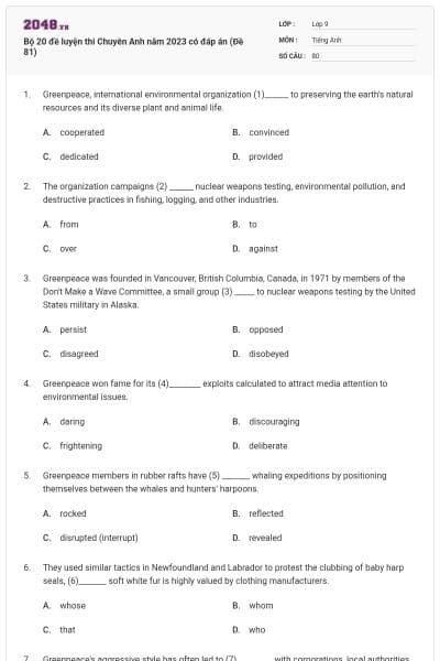 Bộ 20 đề luyện thi Chuyên Anh năm 2023 có đáp án (Đề 81)