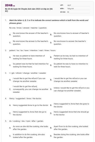 Bộ 20 đề luyện thi Chuyên Anh năm 2023 có đáp án (Đề 82)