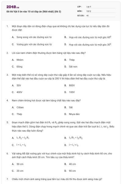 Đề thi Vật lí ôn vào 10 có đáp án (Mới nhất) (Đề 3)