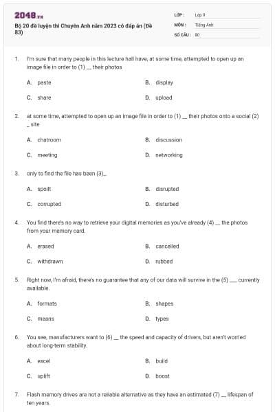 Bộ 20 đề luyện thi Chuyên Anh năm 2023 có đáp án (Đề 83)