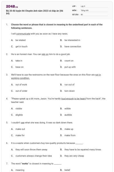 Bộ 20 đề luyện thi Chuyên Anh năm 2023 có đáp án (Đề 84)