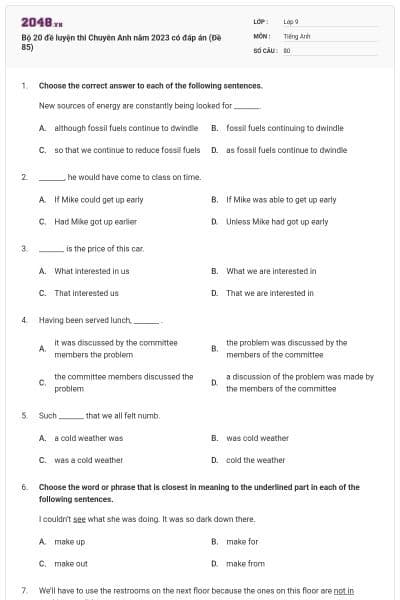 Bộ 20 đề luyện thi Chuyên Anh năm 2023 có đáp án (Đề 85)