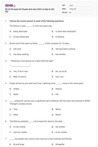 Bộ 20 đề luyện thi Chuyên Anh năm 2023 có đáp án (Đề 86)