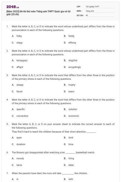 [Năm 2022] Đề thi thử môn Tiếng anh THPT Quốc gia có lời giải (20 đề)