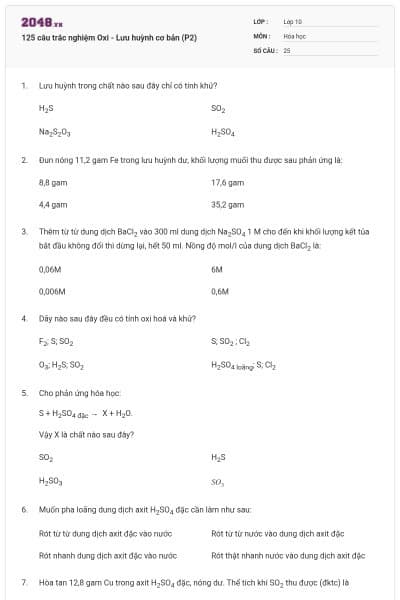 125 câu trắc nghiệm Oxi - Lưu huỳnh cơ bản (P2)