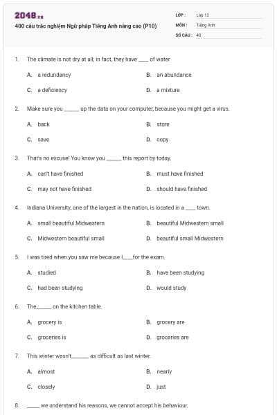 400 câu trắc nghiệm Ngữ pháp Tiếng Anh nâng cao (P10)