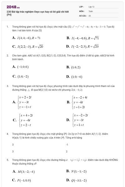 230 Bài tập trắc nghiệm Oxyz cực hay có lời giải chi tiết (P4)